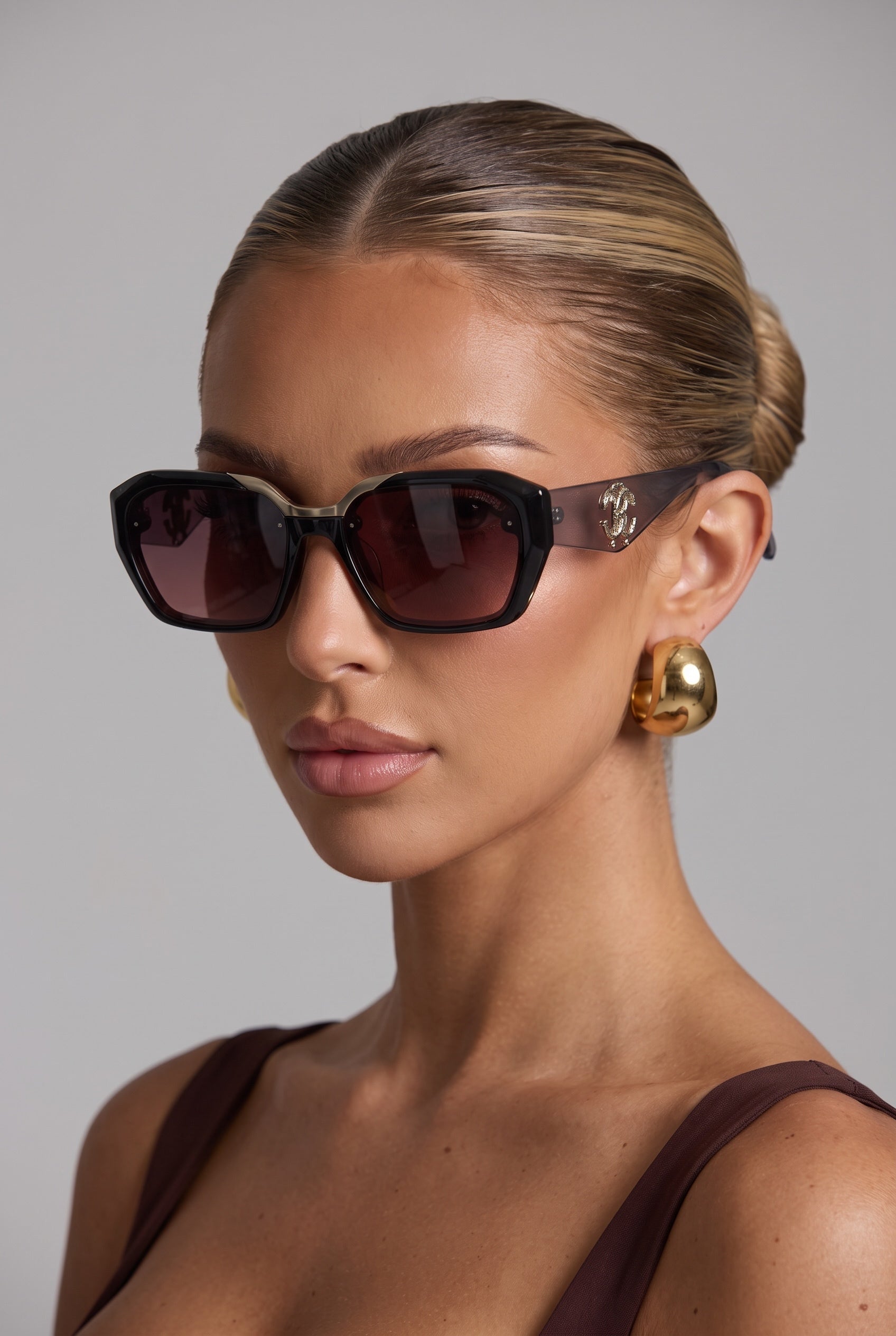 Chanel brown-tint hex frame sunglasses with crystal CC logo on temple