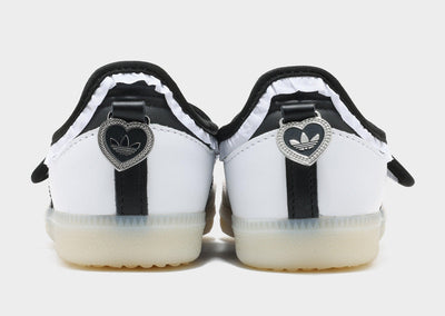 Adidas Samba Mary Jane white with black stripes and heart heel charms