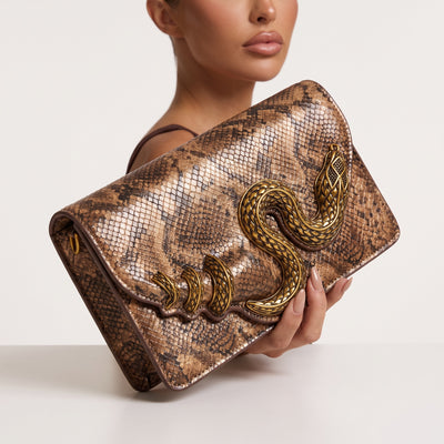 Roberto Cavalli brown snake-print clutch with antique-gold serpent hardware