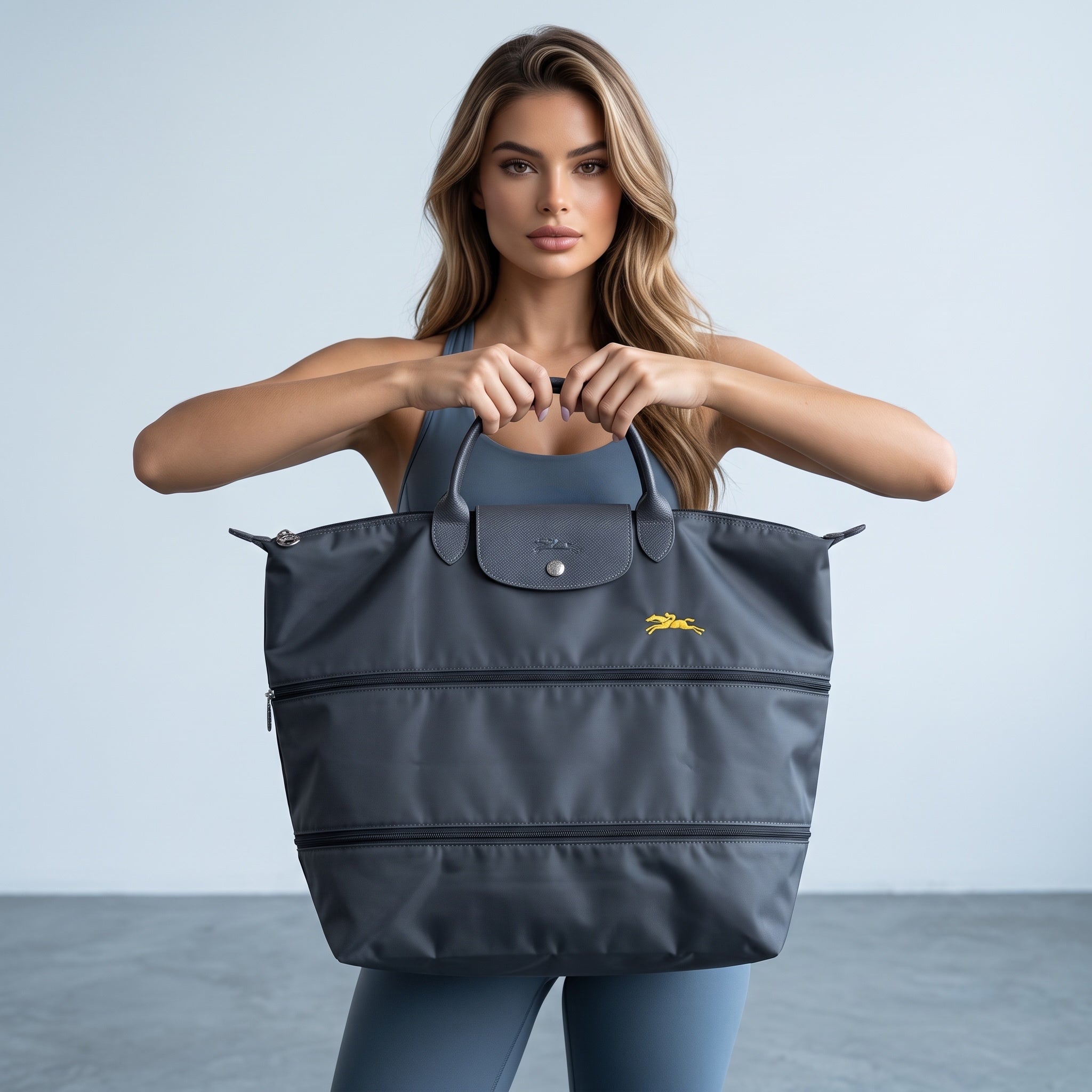 Charcoal Longchamp Le Pliage large travel tote with leather flap and handles
