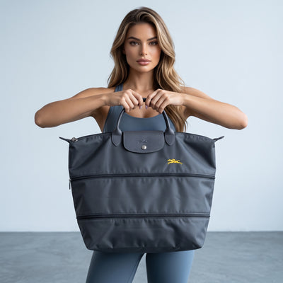 Charcoal Longchamp Le Pliage large travel tote with leather flap and handles