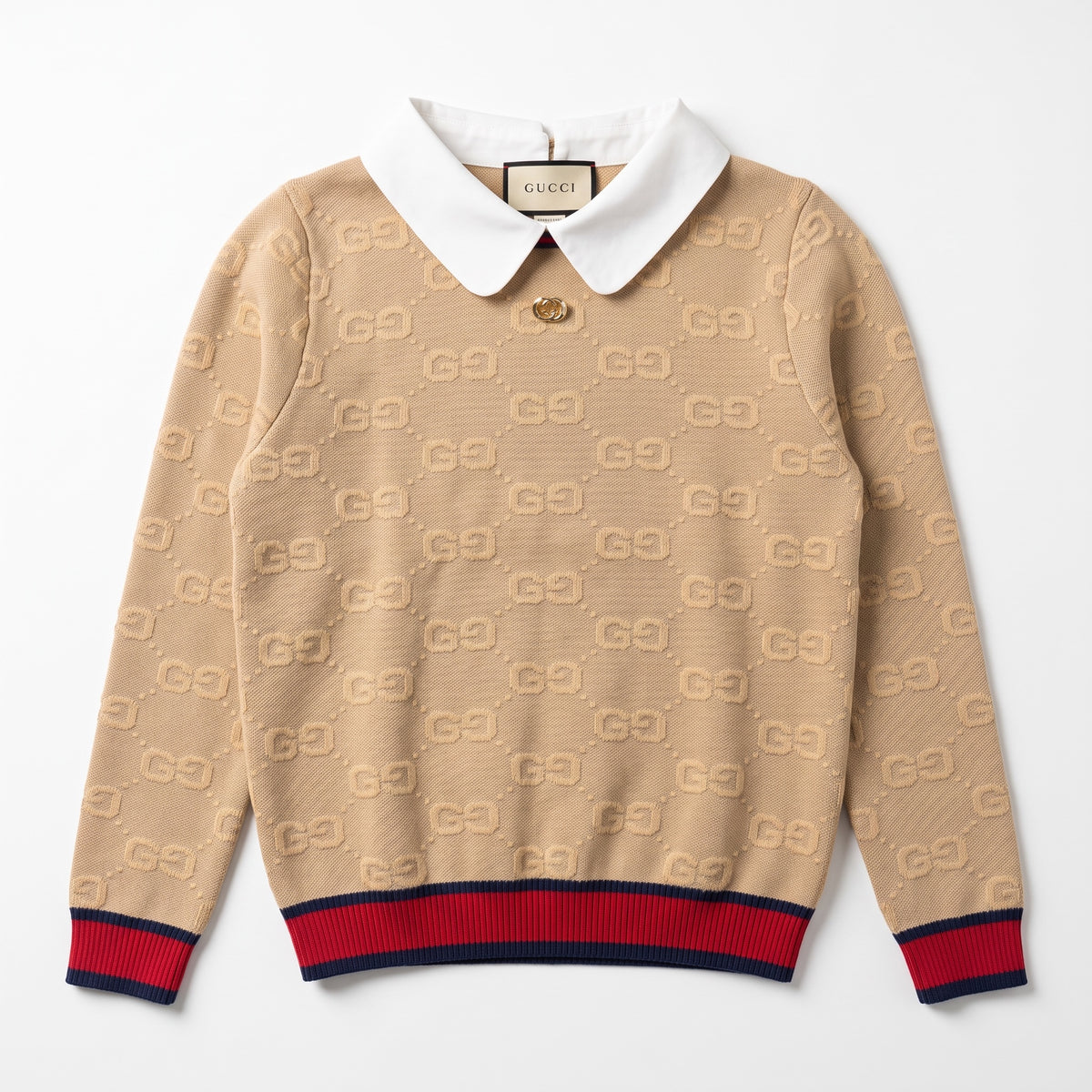 Beige Gucci knit sweater with white Peter‑Pan collar, GG jacquard and red navy ribbed cuffs