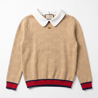 Beige Gucci knit sweater with white Peter‑Pan collar, GG jacquard and red navy ribbed cuffs