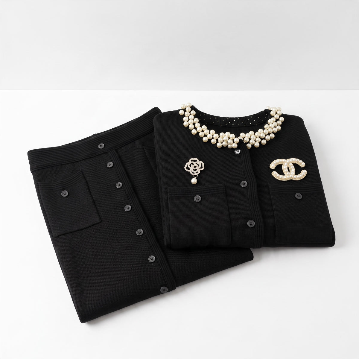 Chanel set skirt and cardigan– Black Pearl Collar