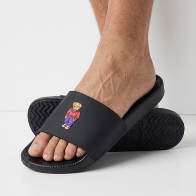 black Polo Ralph Lauren slides with small teddy bear motif on strap