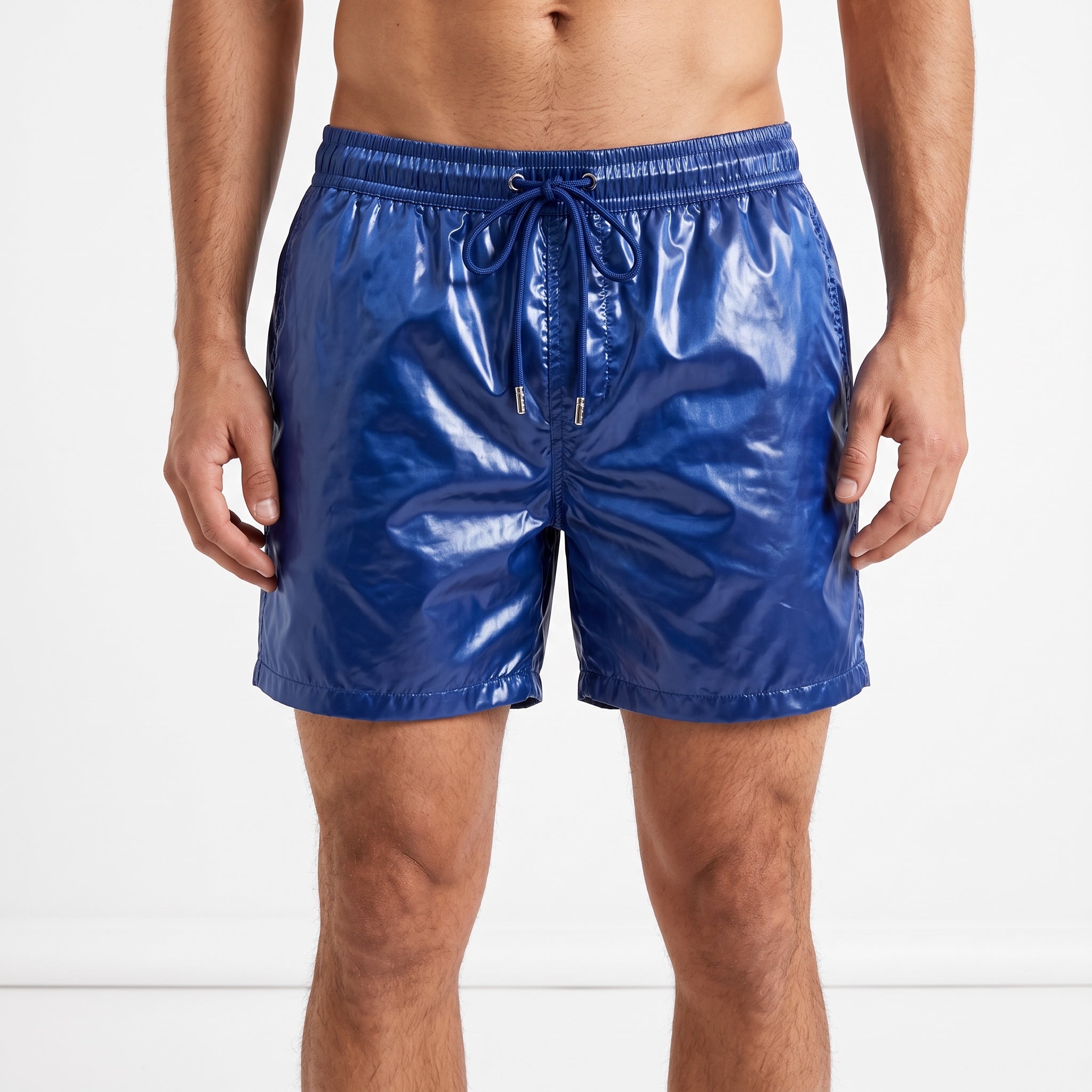 men's glossy blue swim shorts with elastic waist and drawcord