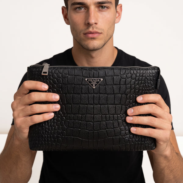 Prada Zip Pouch – Black Croc Embossed 🖤