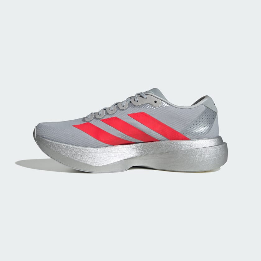 silver adidas adizero running shoe with solar red three stripes