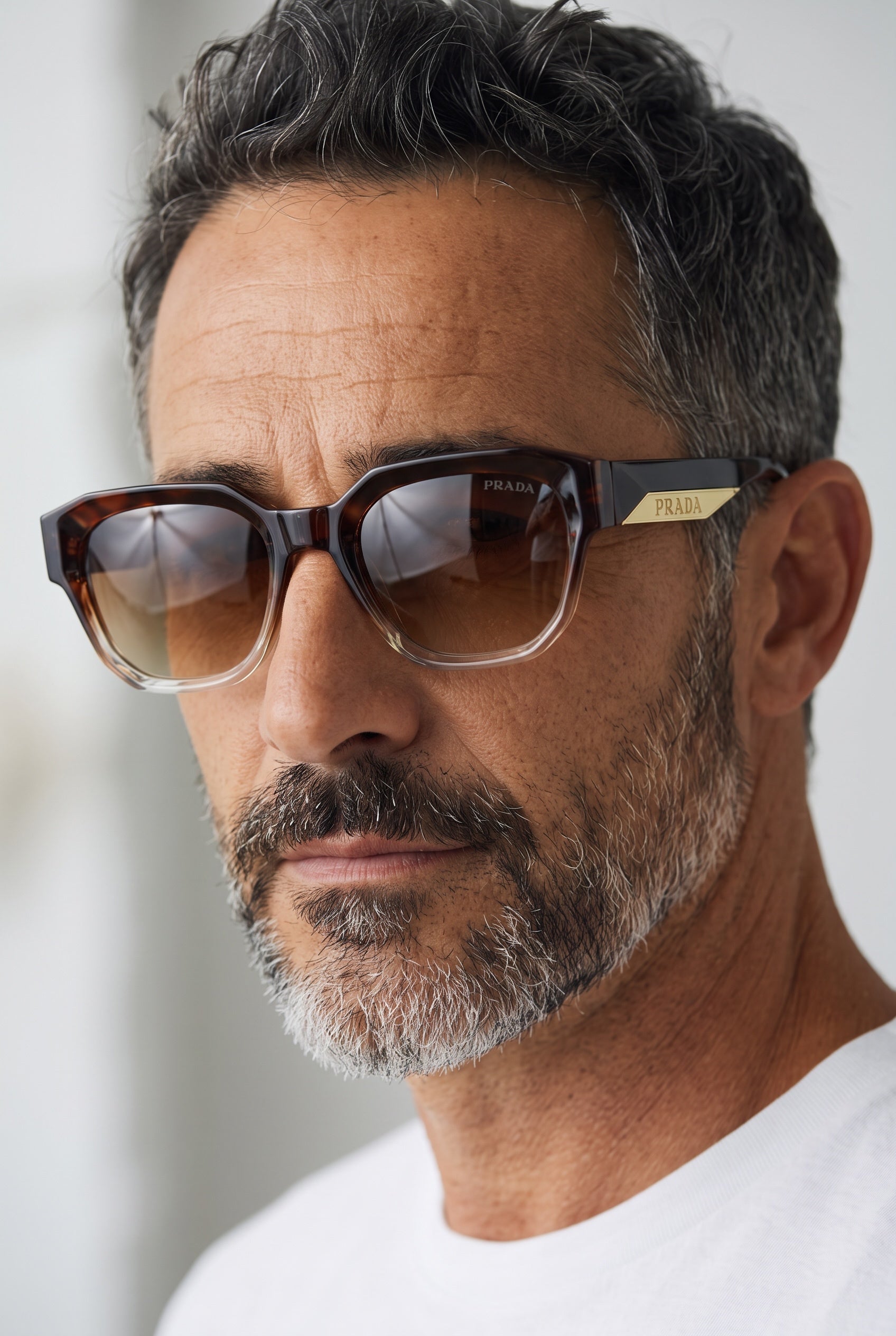 Prada tortoise brown sunglasses with brown gradient lenses and gold Prada plaque on the temple