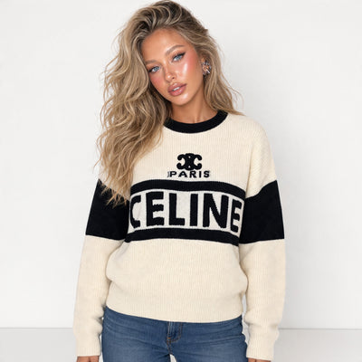 Ivory and black Celine crewneck sweater with large CELINE logo and Triomphe emblem