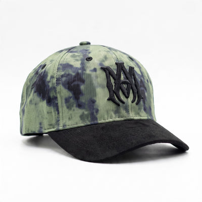Green tie-dye Amiri baseball cap with black embroidered logo and black brim