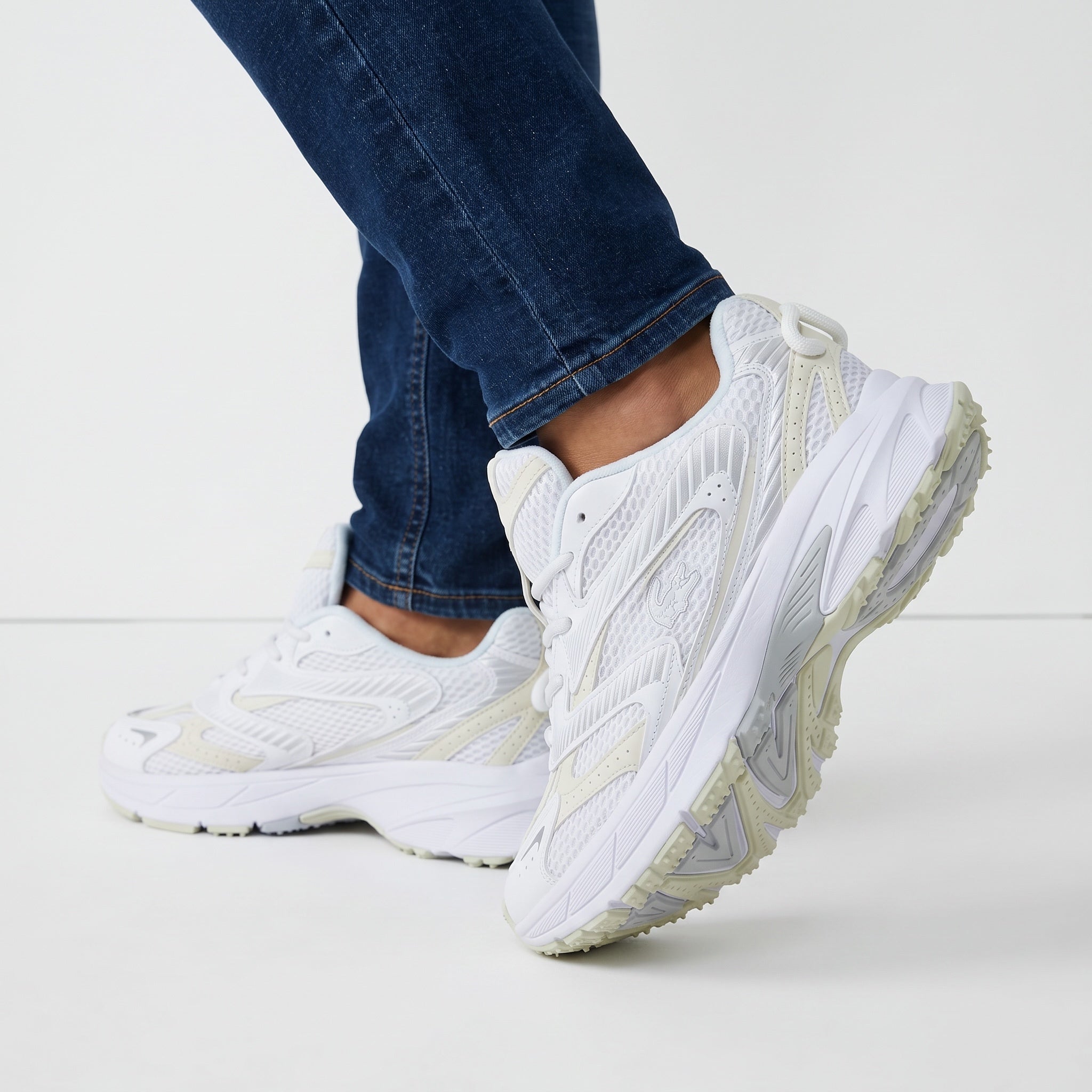 Lacoste white mesh sneakers with chunky sole and crocodile logo