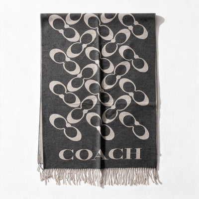 Coach rectangular scarf with all-over C motif, large COACH logo and fringed ends in charcoal and beige