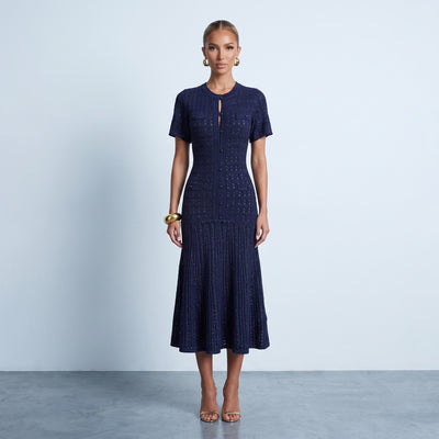 navy knit midi dress with button front, short sleeves and pleated skirt