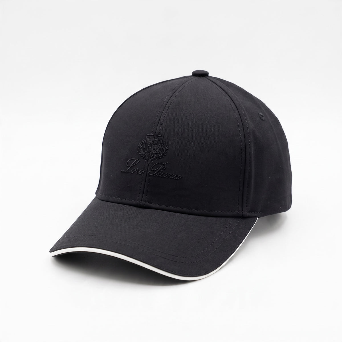 black Loro Piana baseball cap with tonal embroidered crest and white piped brim