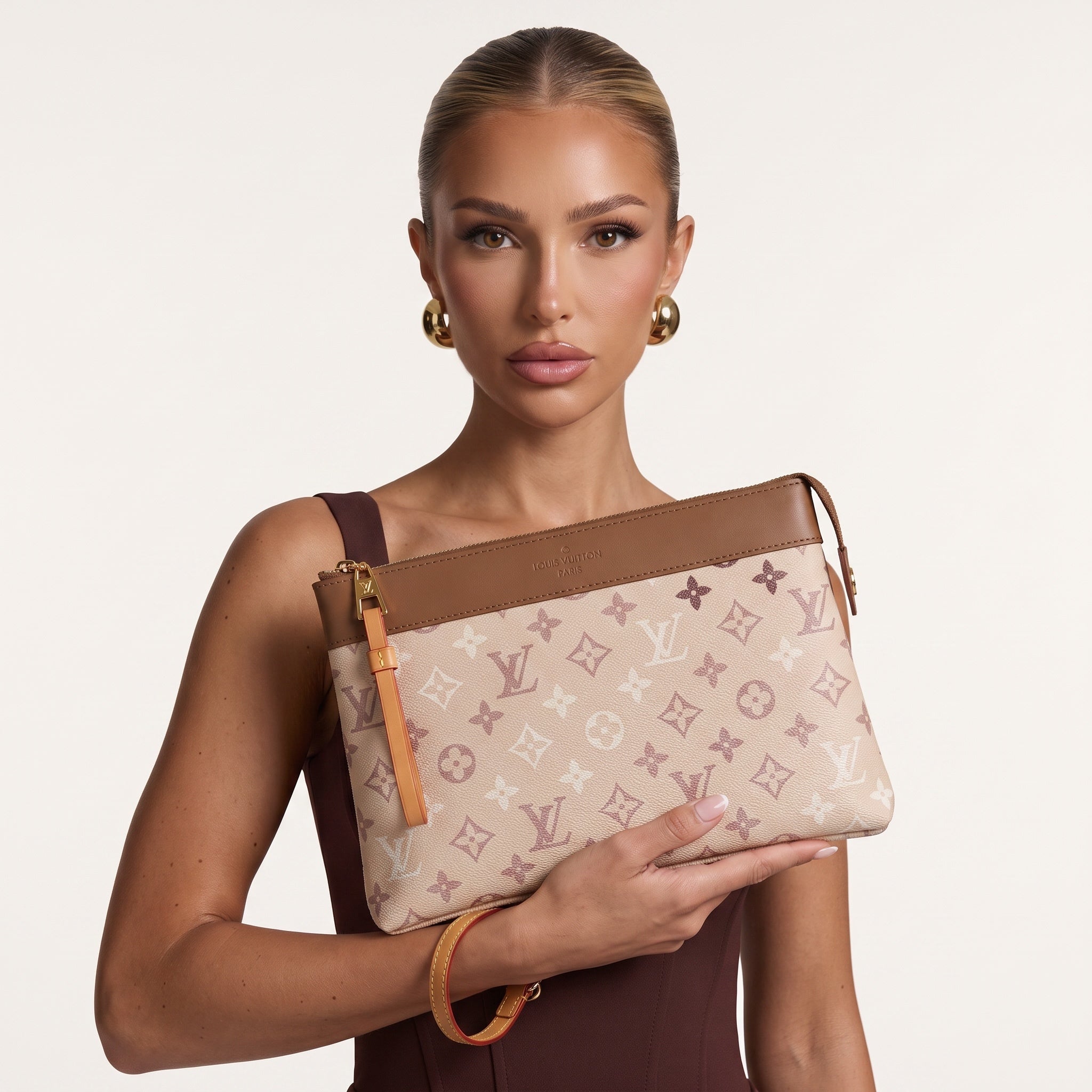 Louis Vuitton beige monogram zipper pouch with tan trim and wrist strap