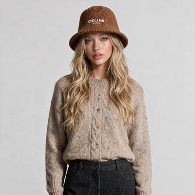 Brown waffle knit bucket hat with white CELINE PARIS logo