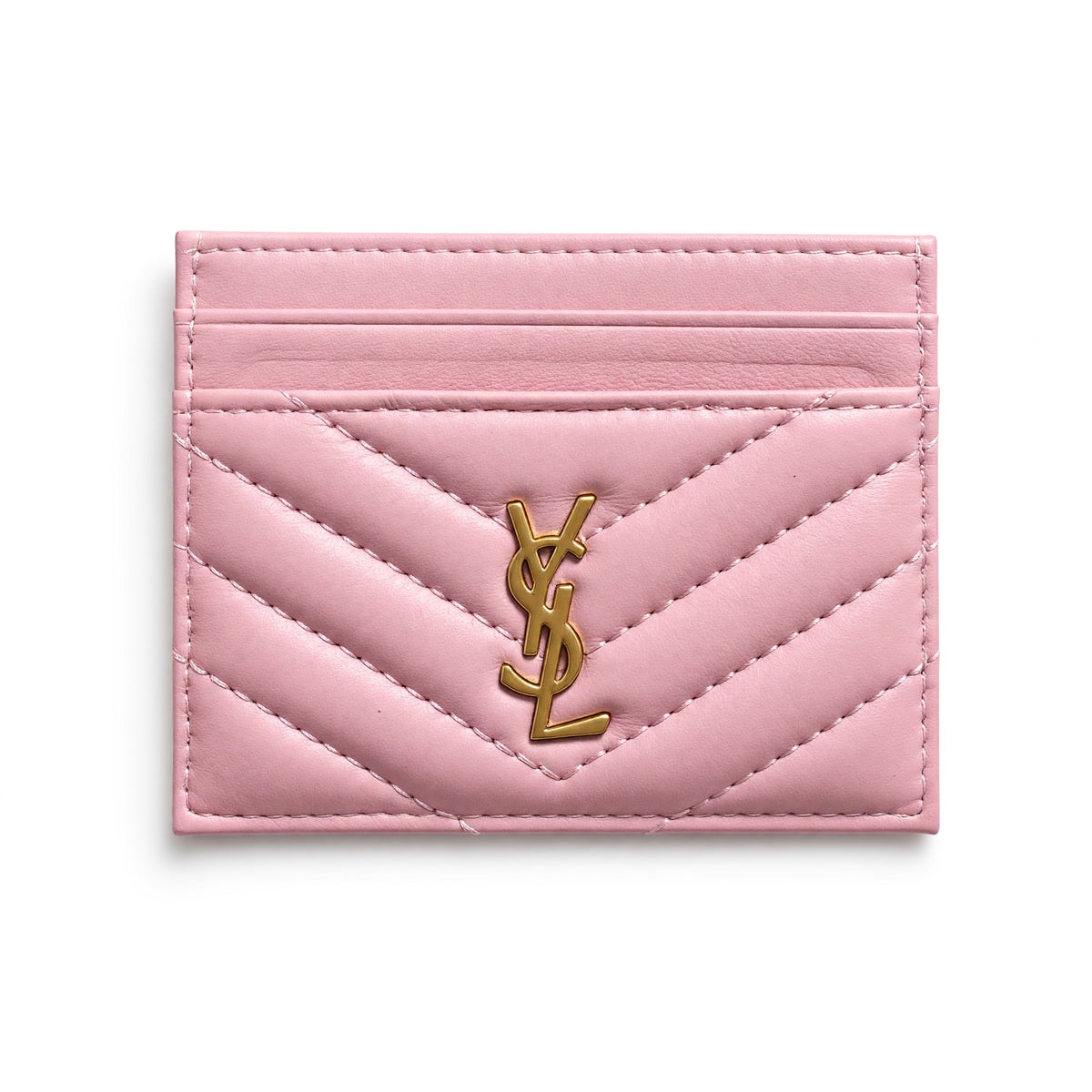 Pink quilted Saint Laurent card holder with gold YSL logo
