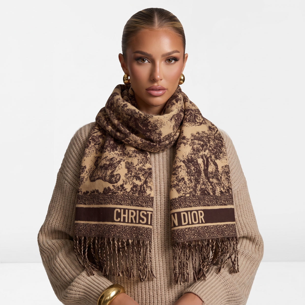 Beige and brown Dior jacquard scarf with fringe and Christian Dior logo