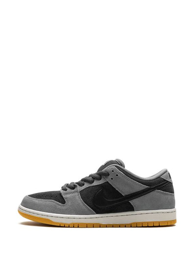 Nike Dunk Low grey and black sneaker with gum sole, side view