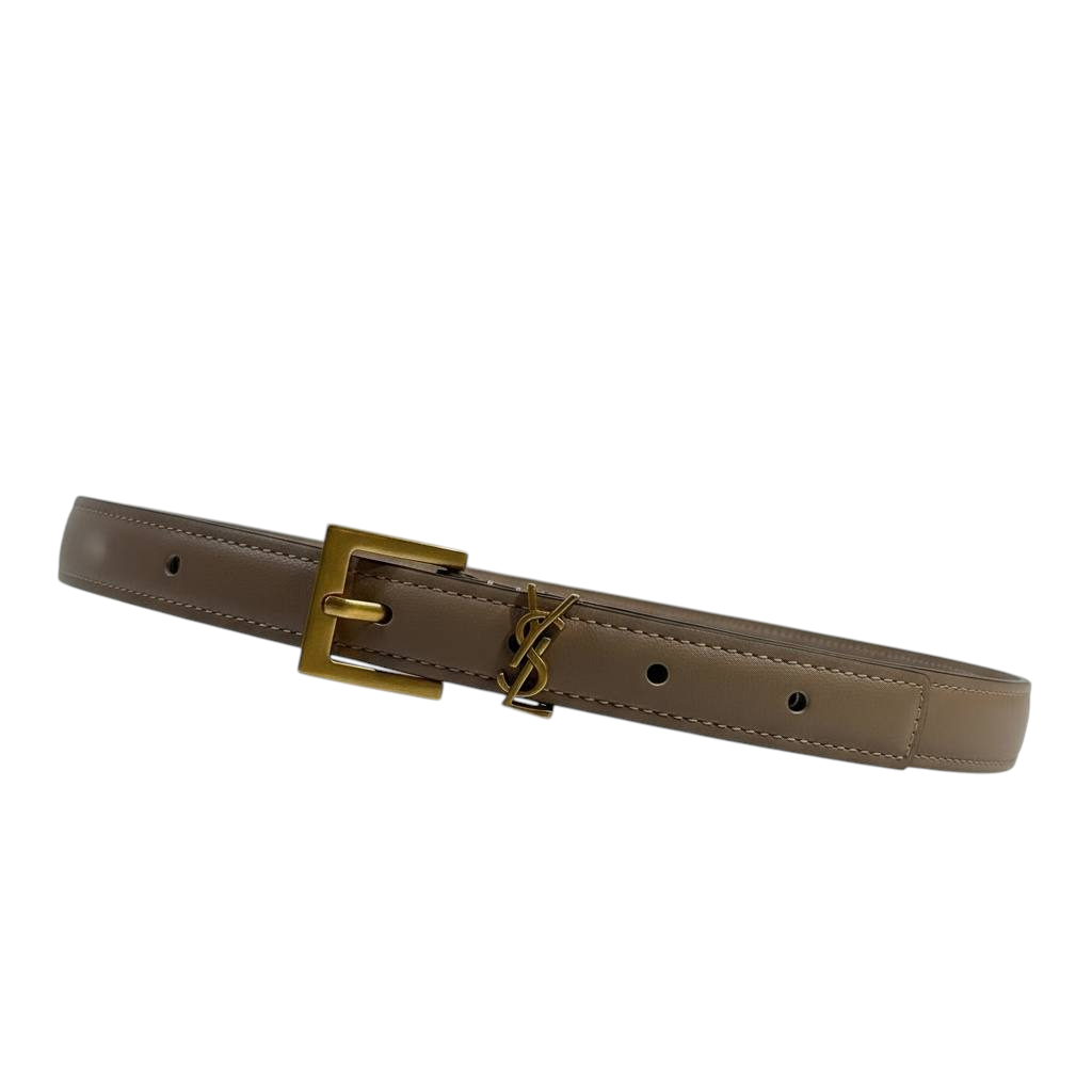 Saint Laurent Beige Leather Belt with Box 🤎📦✨ | YSL Gold Buckle Luxury Accessory