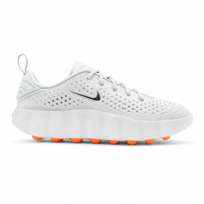 White Nike perforated sneakers with orange pod sole shown from multiple angles