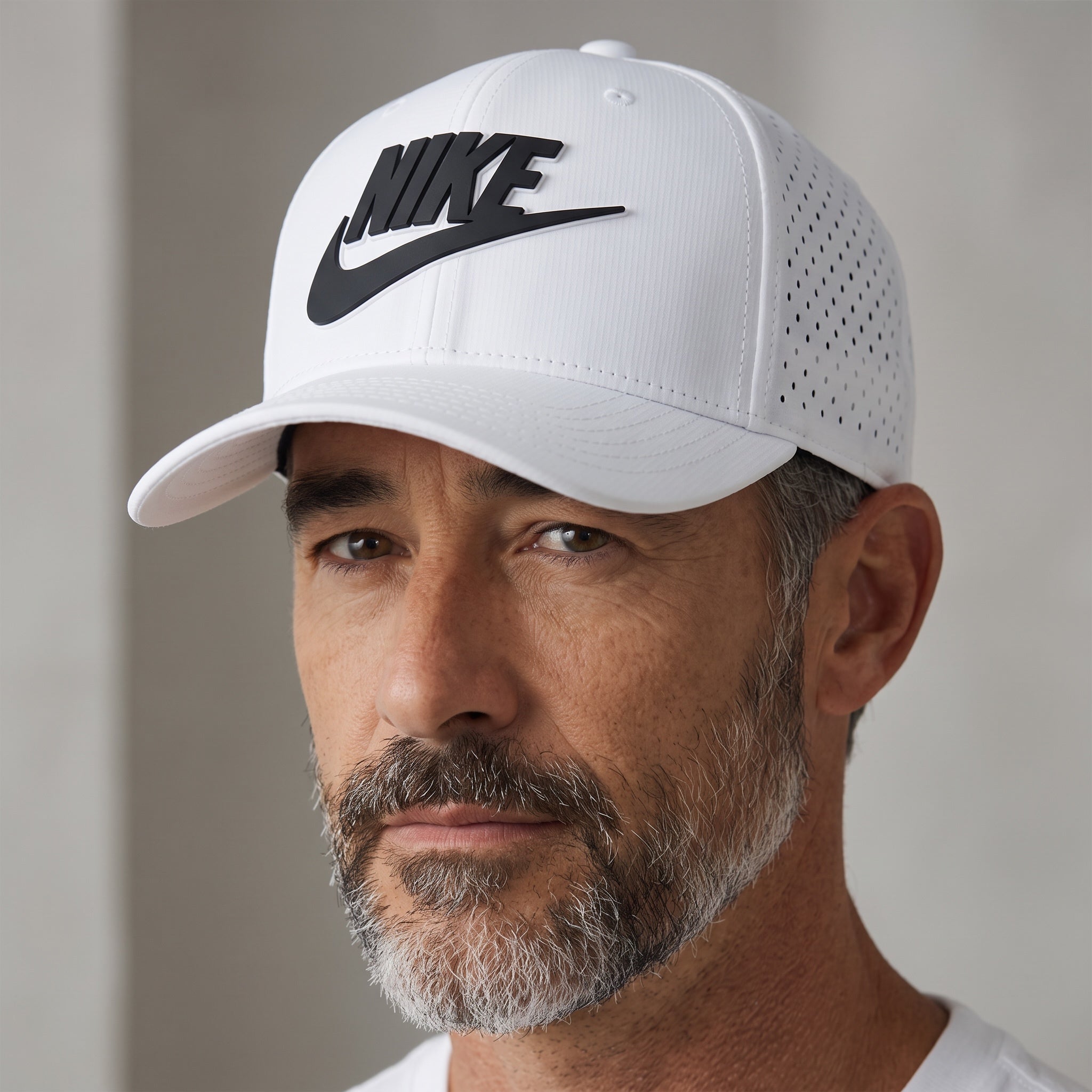 Man wearing a white Nike baseball cap with black Futura logo and perforated side panels