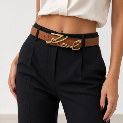Brown belt with large gold script Karl logo buckle