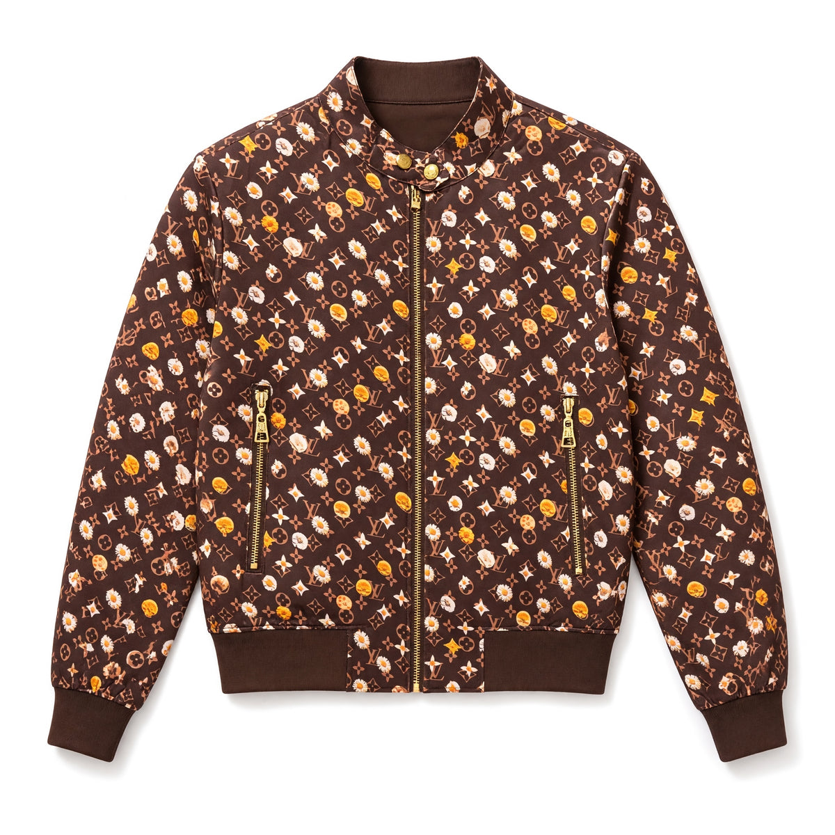 brown reversible bomber jacket with monogram floral print and gold zipper
