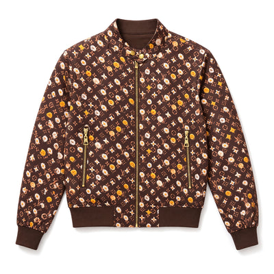 brown reversible bomber jacket with monogram floral print and gold zipper
