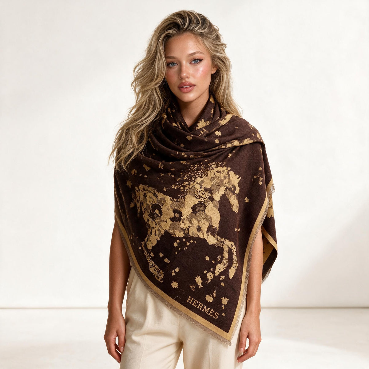 Hermès brown floral shawl with fringed edges folded and draped