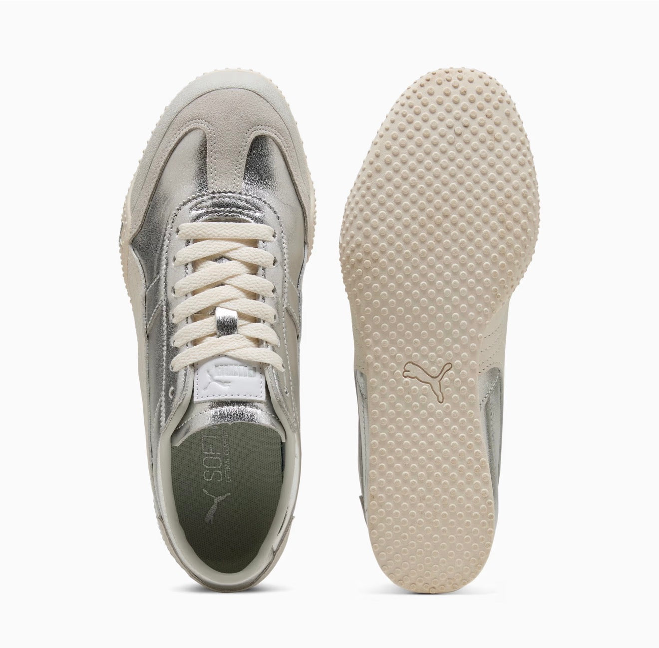 Puma low-profile silver metallic trainer with cream formstrip and textured off-white sole