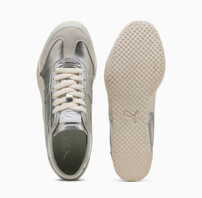 Puma low-profile silver metallic trainer with cream formstrip and textured off-white sole