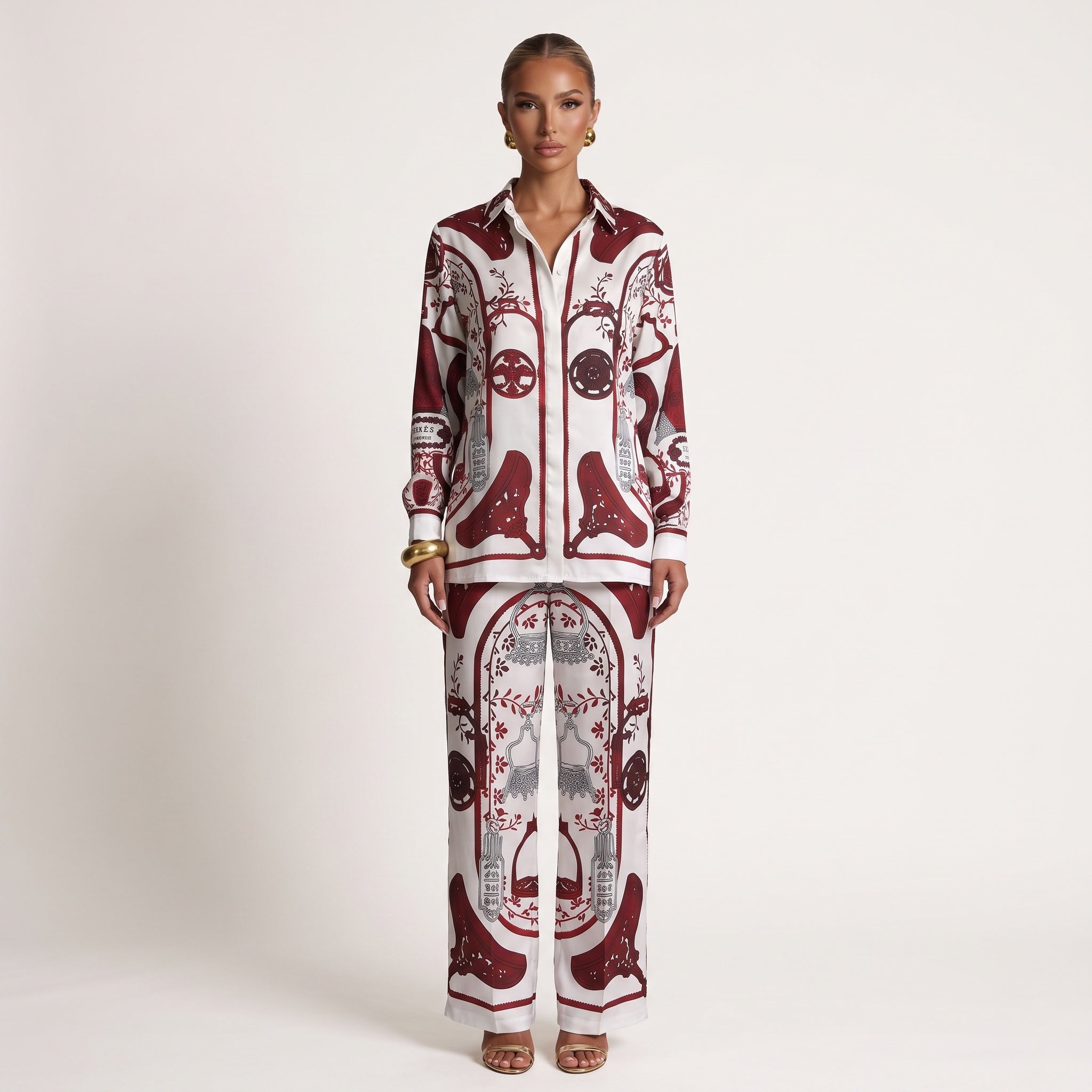 Hermes red and white printed shirt with matching wide-leg trousers