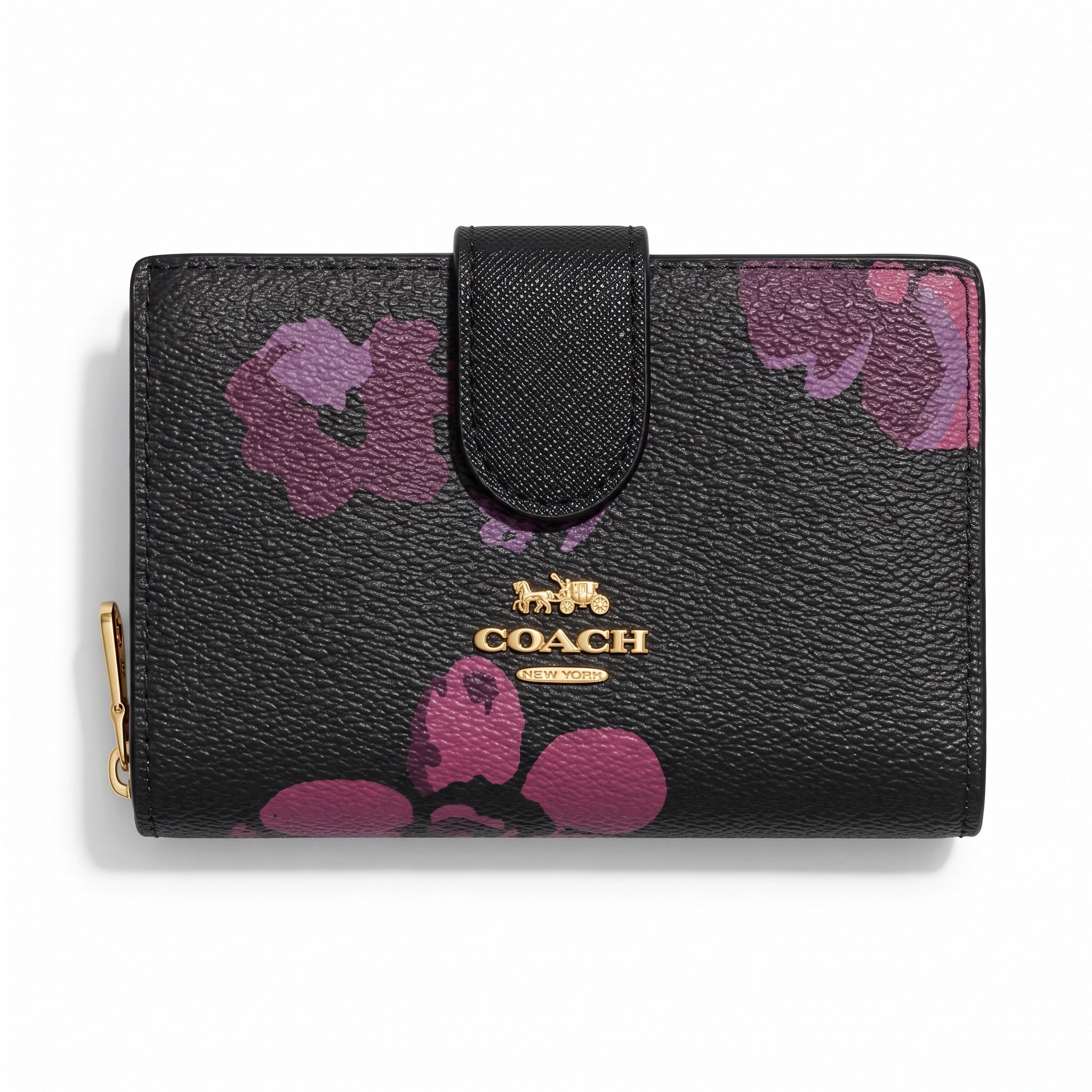 Coach black wallet with pink floral print and gold logo