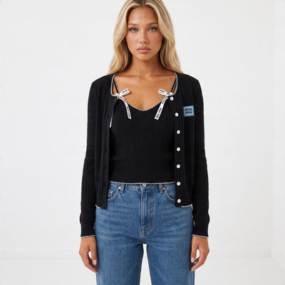 Miu Miu black rib knit cardigan and cropped tank with white scallop trim and logo ribbon bows