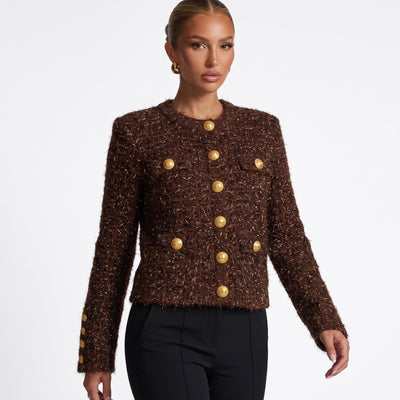 Balmain brown cropped textured jacket with gold buttons