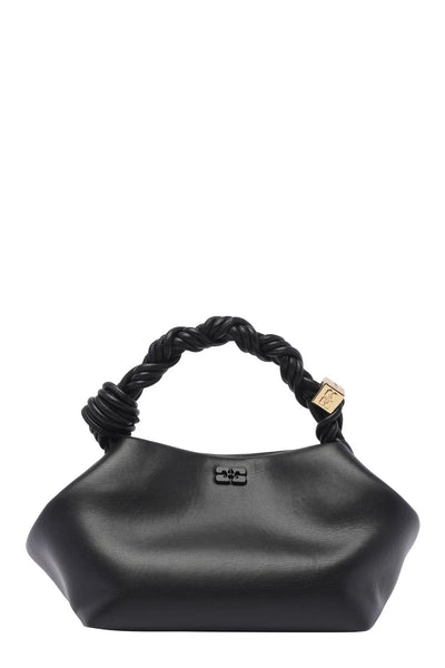 Ganni black top-handle bag with braided handle and gold cube detail