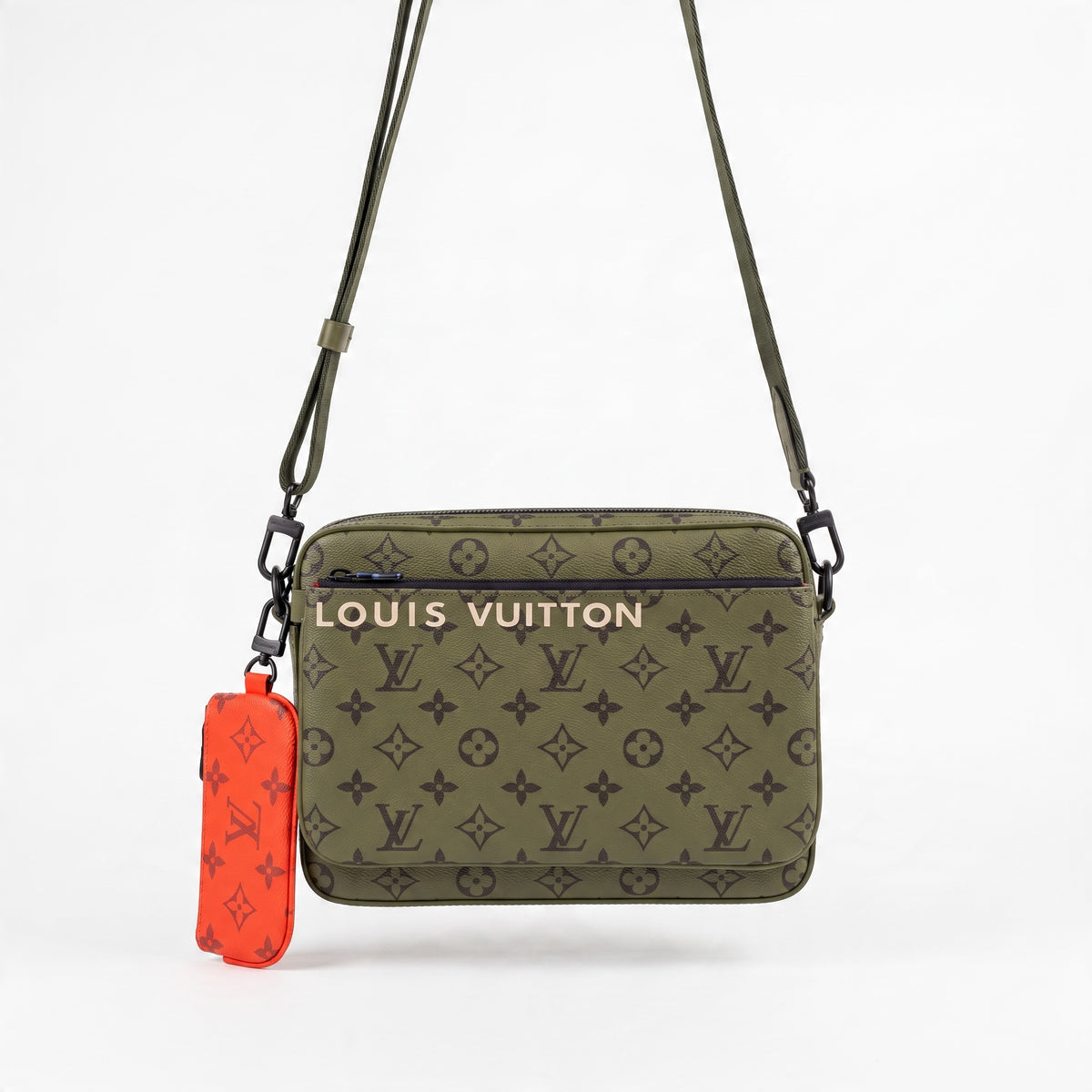 Louis Vuitton olive monogram rectangular messenger bag with orange pouch and adjustable strap