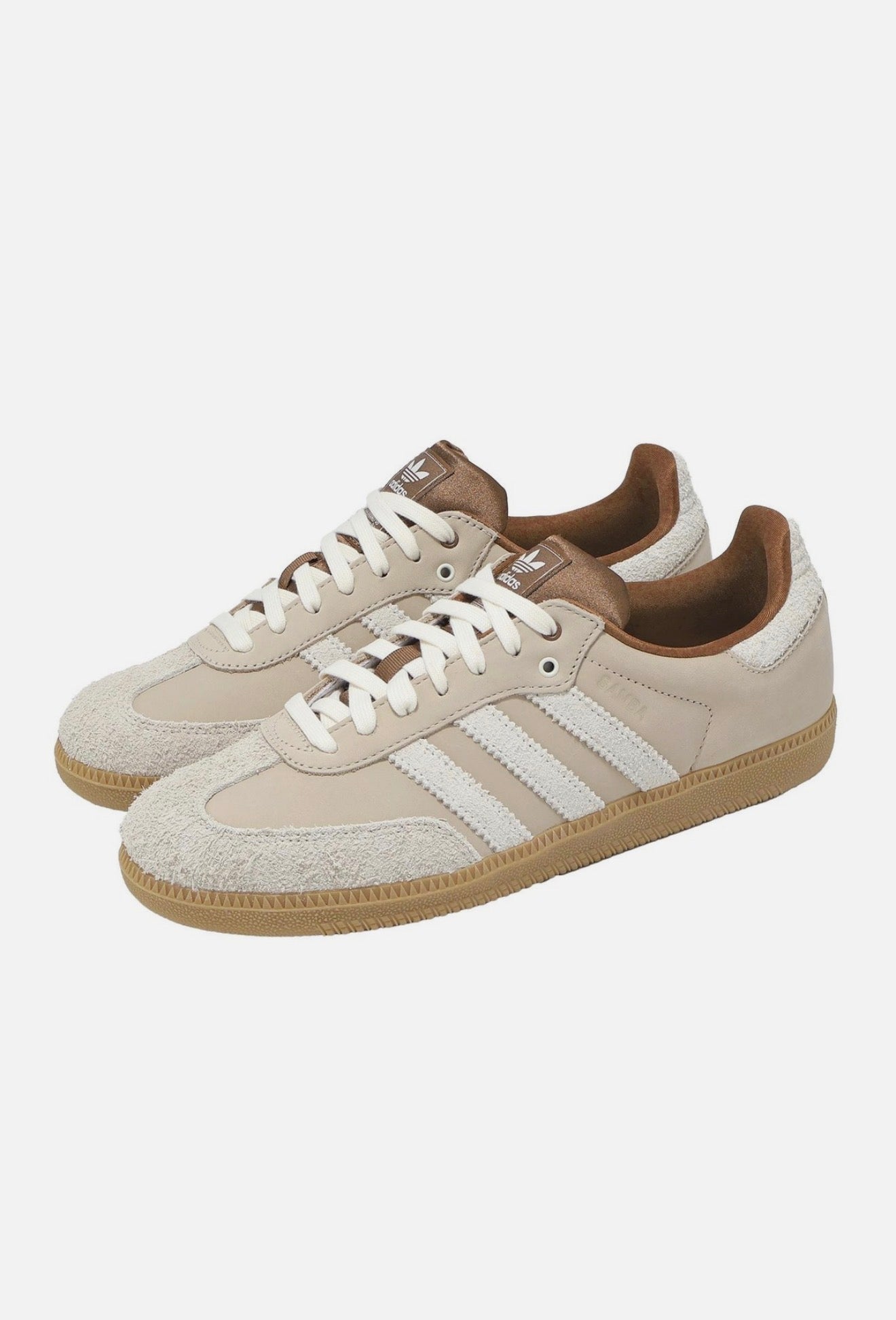 Adidas Samba low-top sneaker in chalk beige with off-white stripes and gum sole