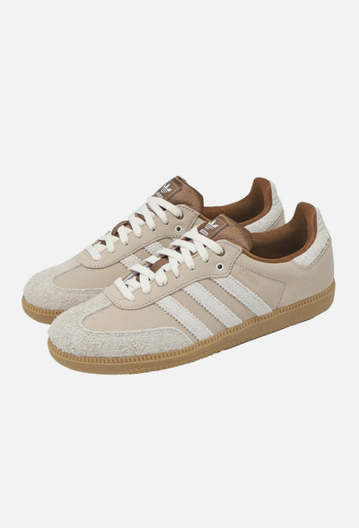 Adidas Samba low-top sneaker in chalk beige with off-white stripes and gum sole