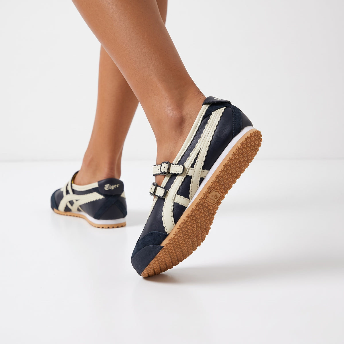 Onitsuka Tiger navy and cream Mary Jane sneakers with triple buckles and gum sole