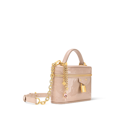 Louis Vuitton pale pink patent monogram vanity bag with top handle and gold lock