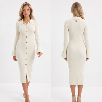 Ivory ribbed knit midi dress with gold buttons and pointed collar photographed front and back