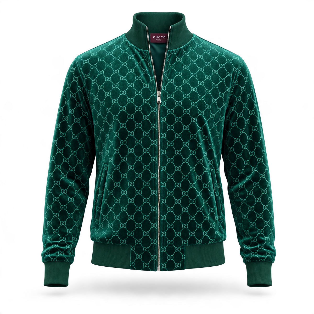 emerald green velour Gucci-style track jacket and matching pants with GG pattern