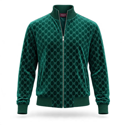 emerald green velour Gucci-style track jacket and matching pants with GG pattern
