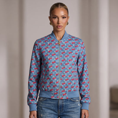 Blue Louis Vuitton bomber jacket with cherry and monogram print