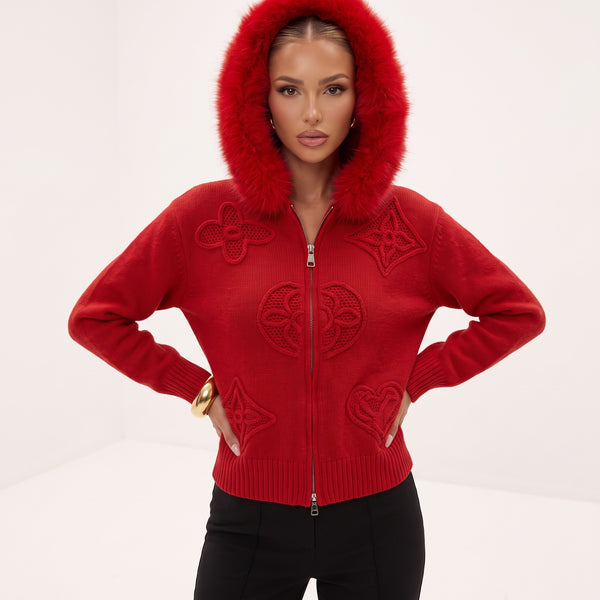 Louis vuitton Zip Hoodie – Red Fur-Trim 🧥❤️one size