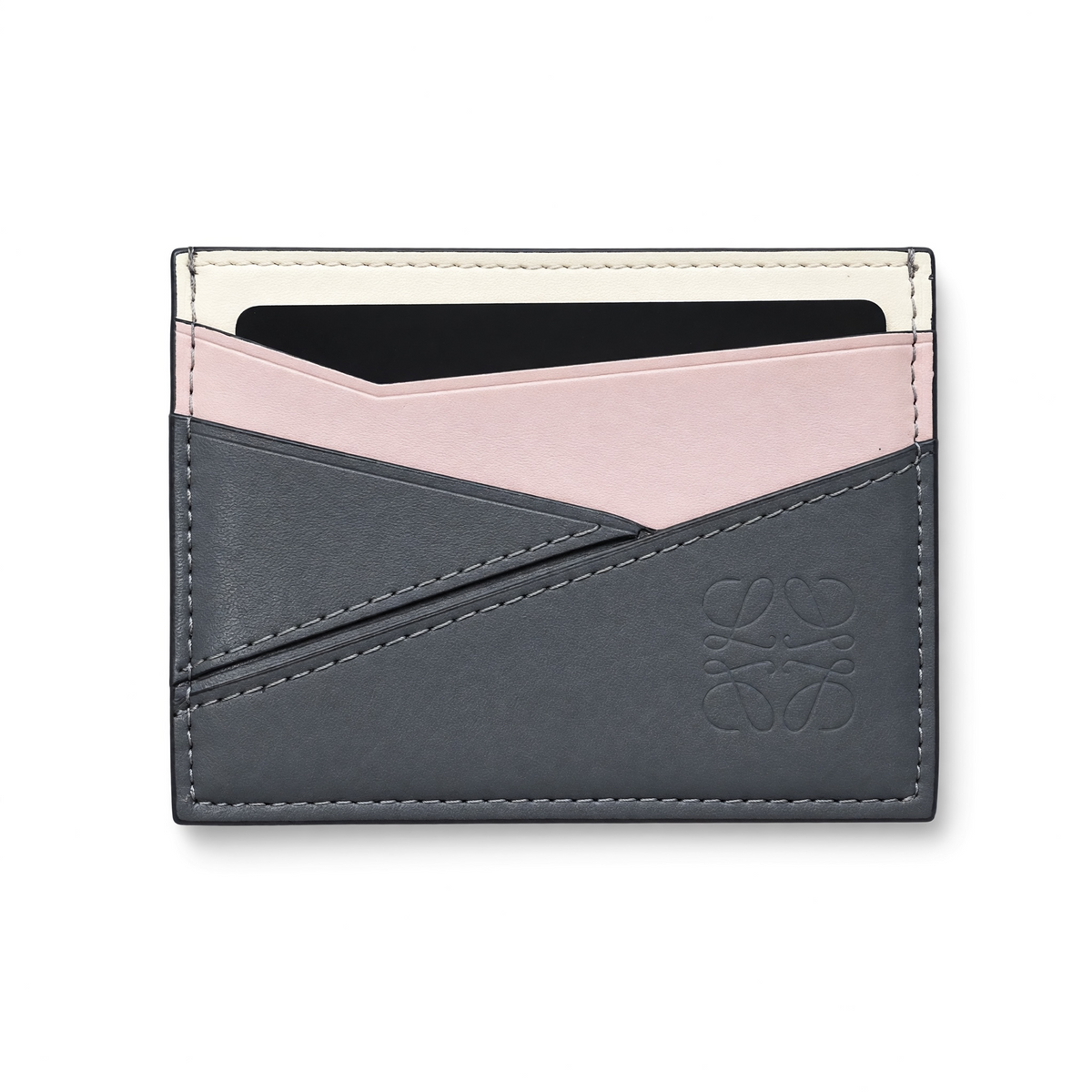 Grey card holder with pink and cream colourblock panels and embossed Loewe logo