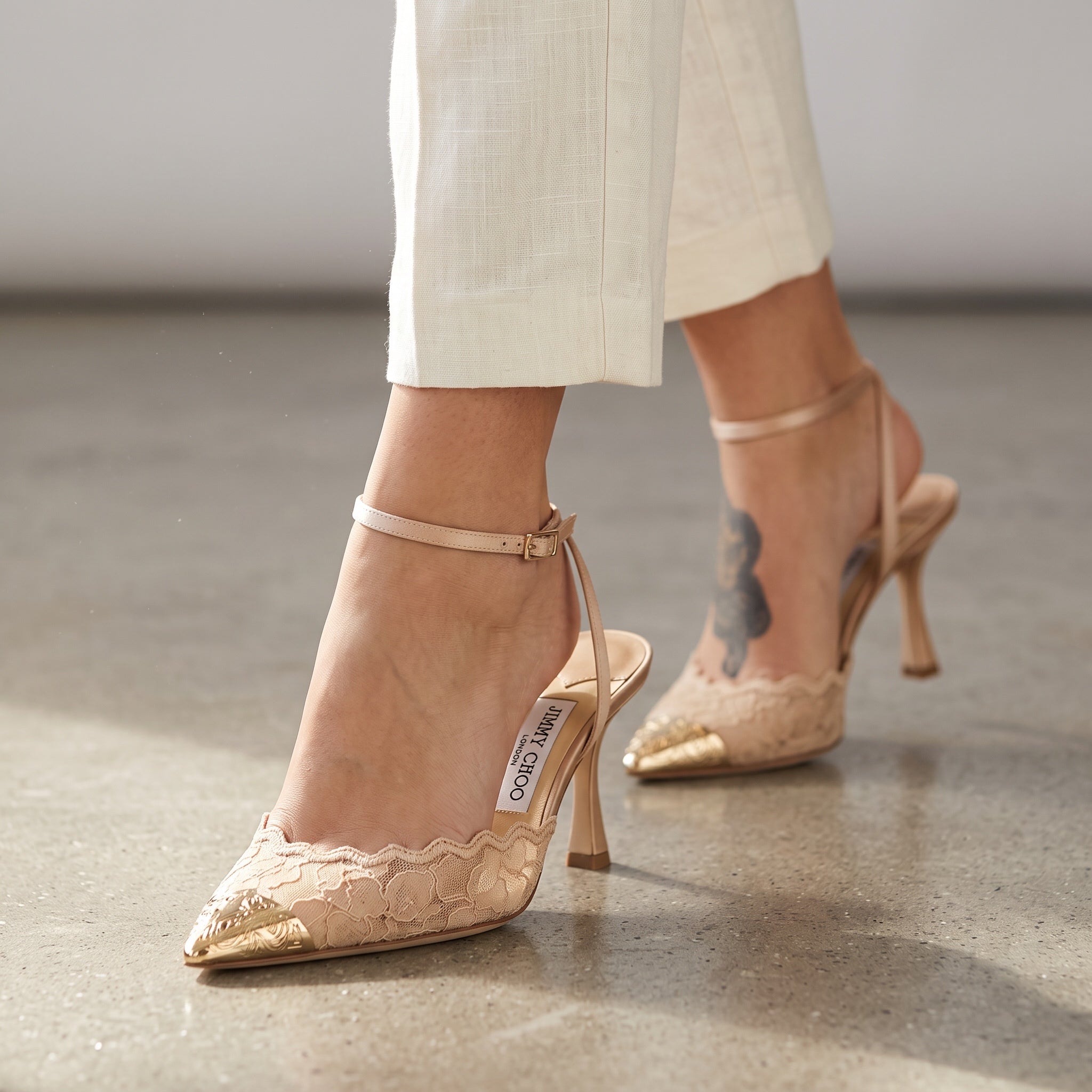 Jimmy Choo beige lace pointed-toe stiletto with gold toe and ankle strap